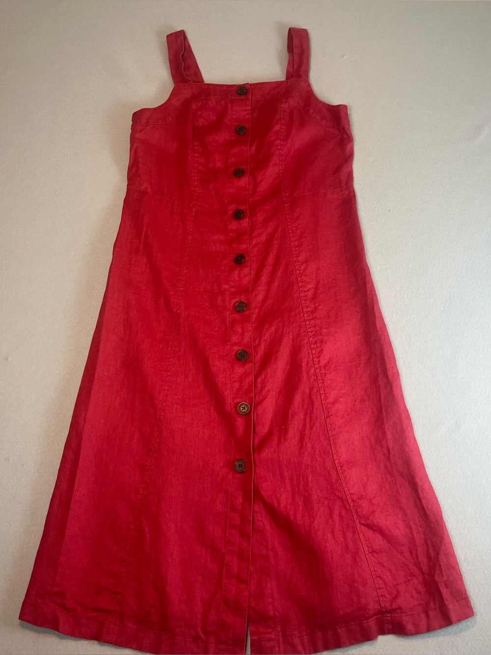 J Jill 100 % Linen Button Up Dress Small S Red Earthy Boho Coastal Midi Button